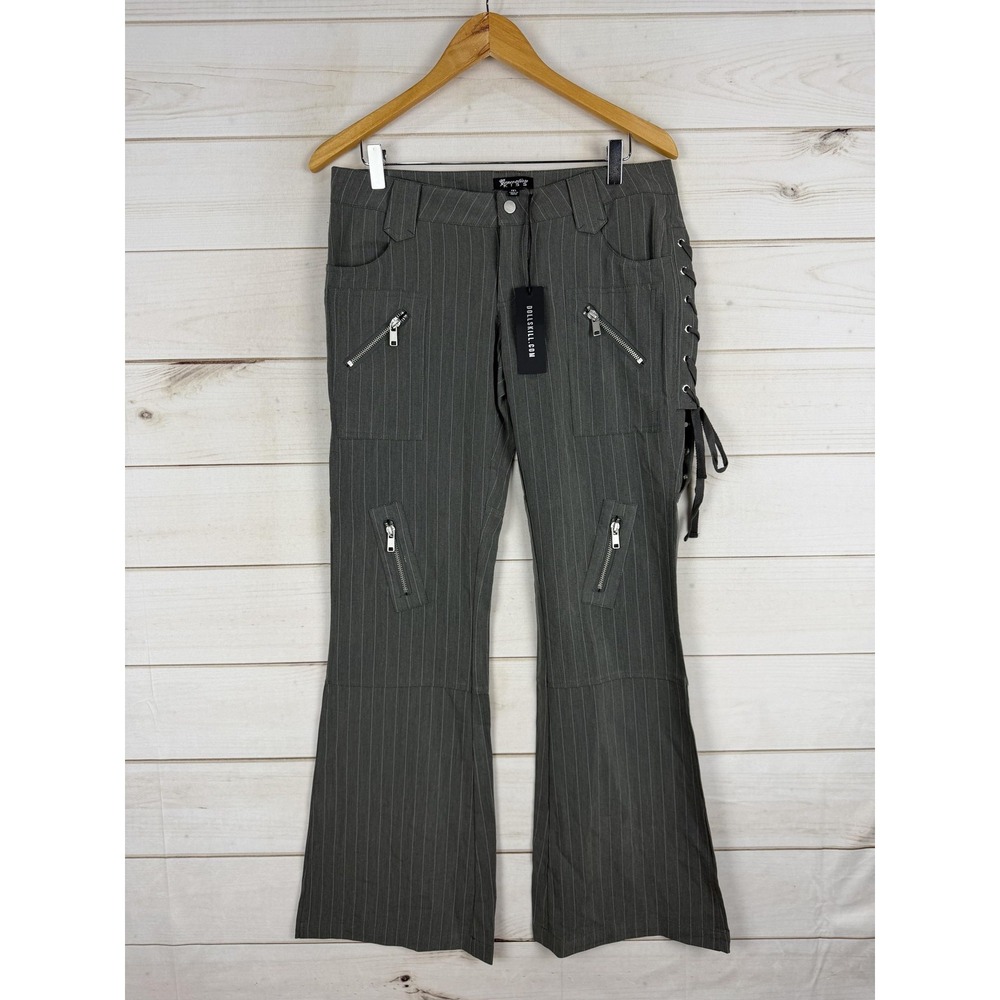 Dolls Kill Pants Womens Medium Gray Pinstripe Flare Lace Up Zipper Goth Punk